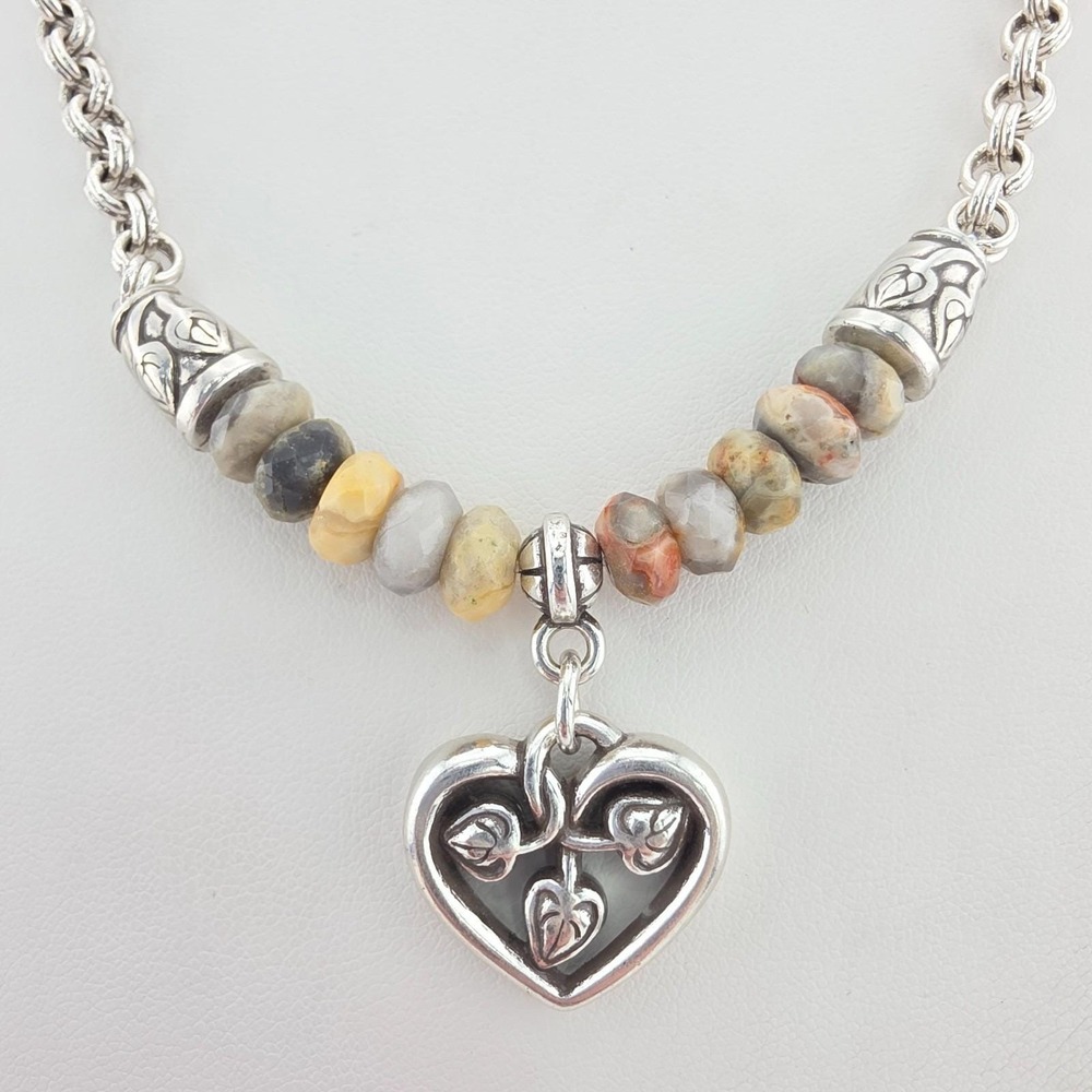 BRIGHTON 'Botswana' Necklace Multicolor Terra Agate Leaf Heart Silver Plate 17"